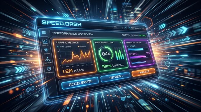 Futuristic website performance dashboard showing traffic metrics, processing load, illustrating the importance of page speed optimization.